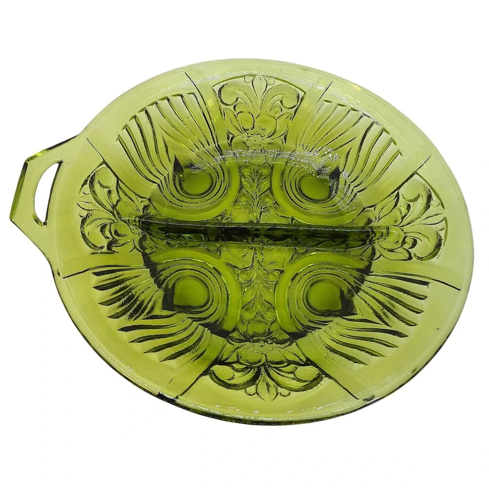 Vintage Indiana‎ Glass Killarney divided candy dish green glass with handles